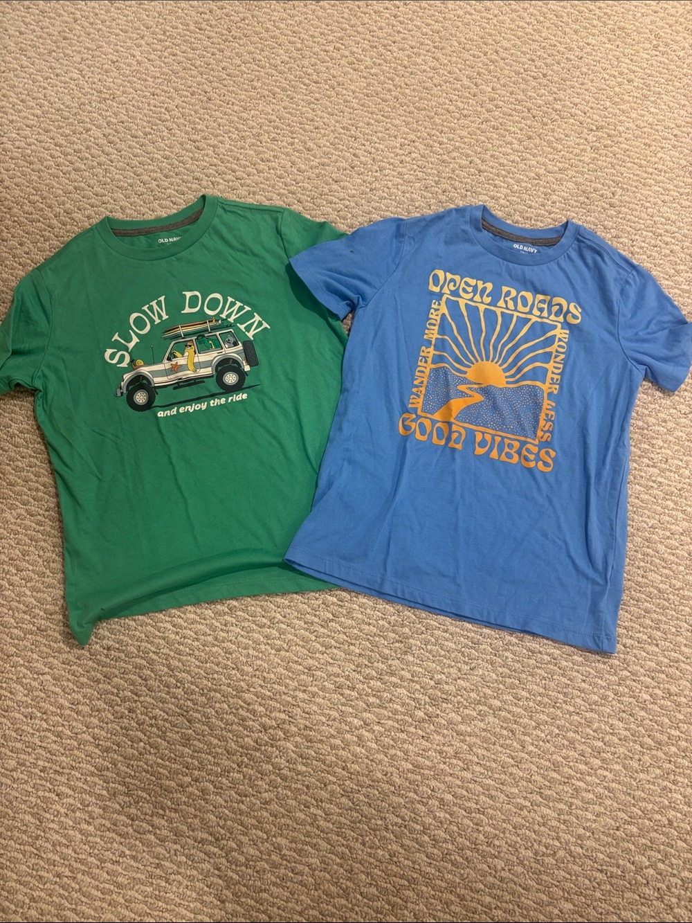 Old Navy Green "Slow Down" & Blue "Good Vibes" Graphic Tees